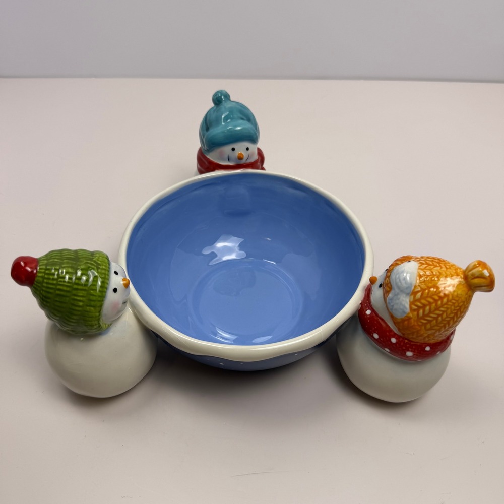 Retired St. Nicholas Square Snow Days Christmas Snowman Candy Bowl Blue Ceramic